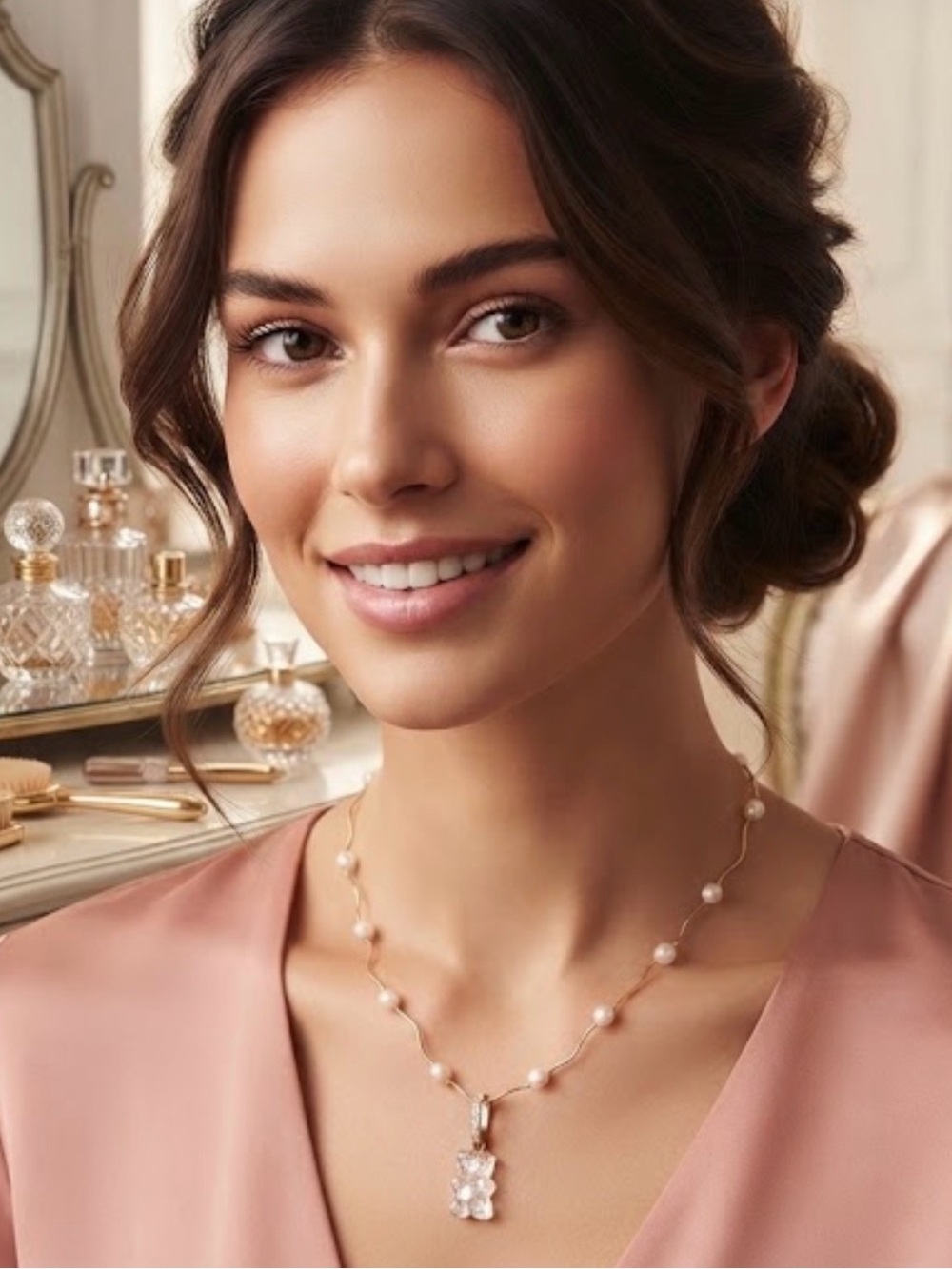 14 K GOLD WAVY AND GENUINE-FRESHWATER PEARLS NOSTALGIC GUMMY BEAR NECKLACE